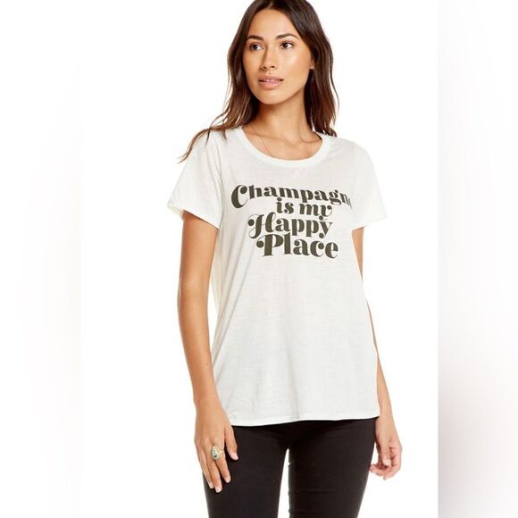 Chaser White “Champagne is my happy place” T-shirt with Open Back - Picture 1 of 9